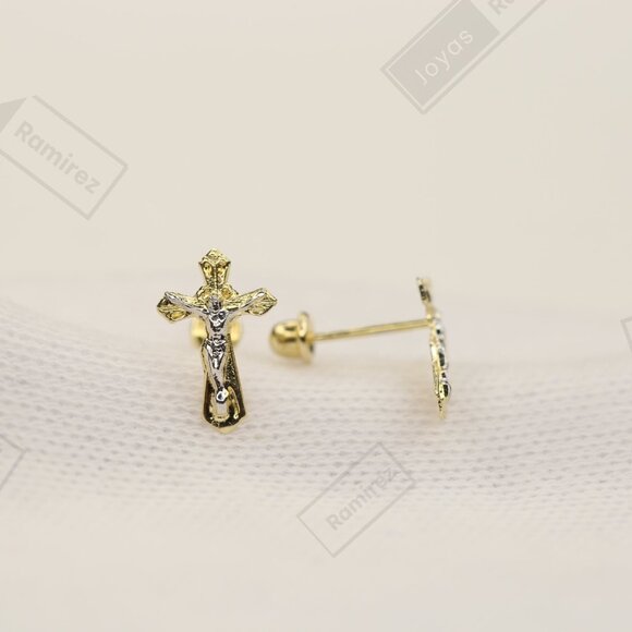 14K Solid Gold Two-Tone Cross Stud Earrings • Elegant Christian Symbol. - Picture 2 of 6